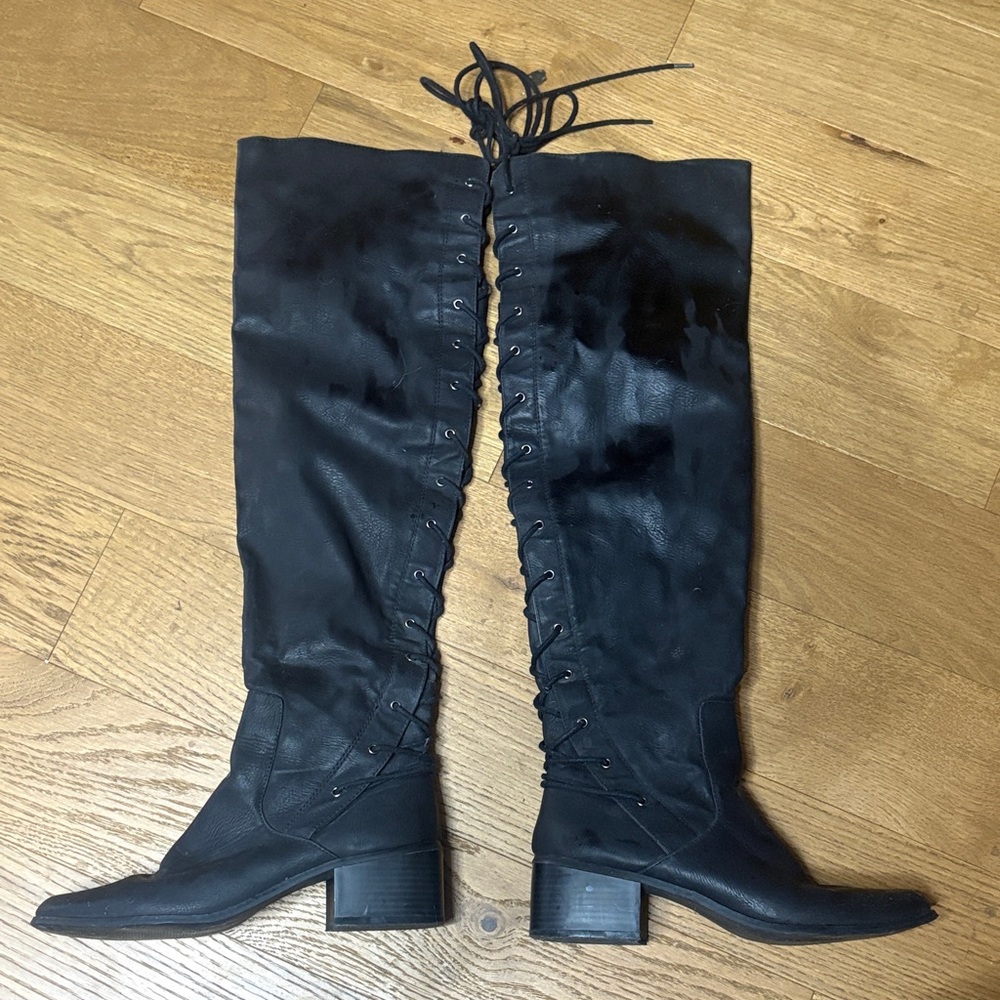 Black Lace-Up Over-the-Knee Women's Boots - Sleek Faux Leather